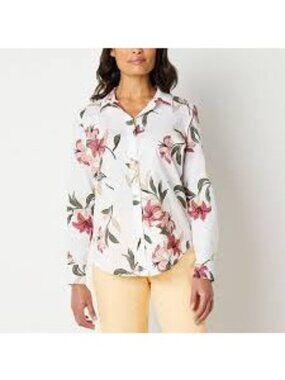 Liz Claiborne Women's Button Up Shirt White Floral Women's Size 3X Office Casual